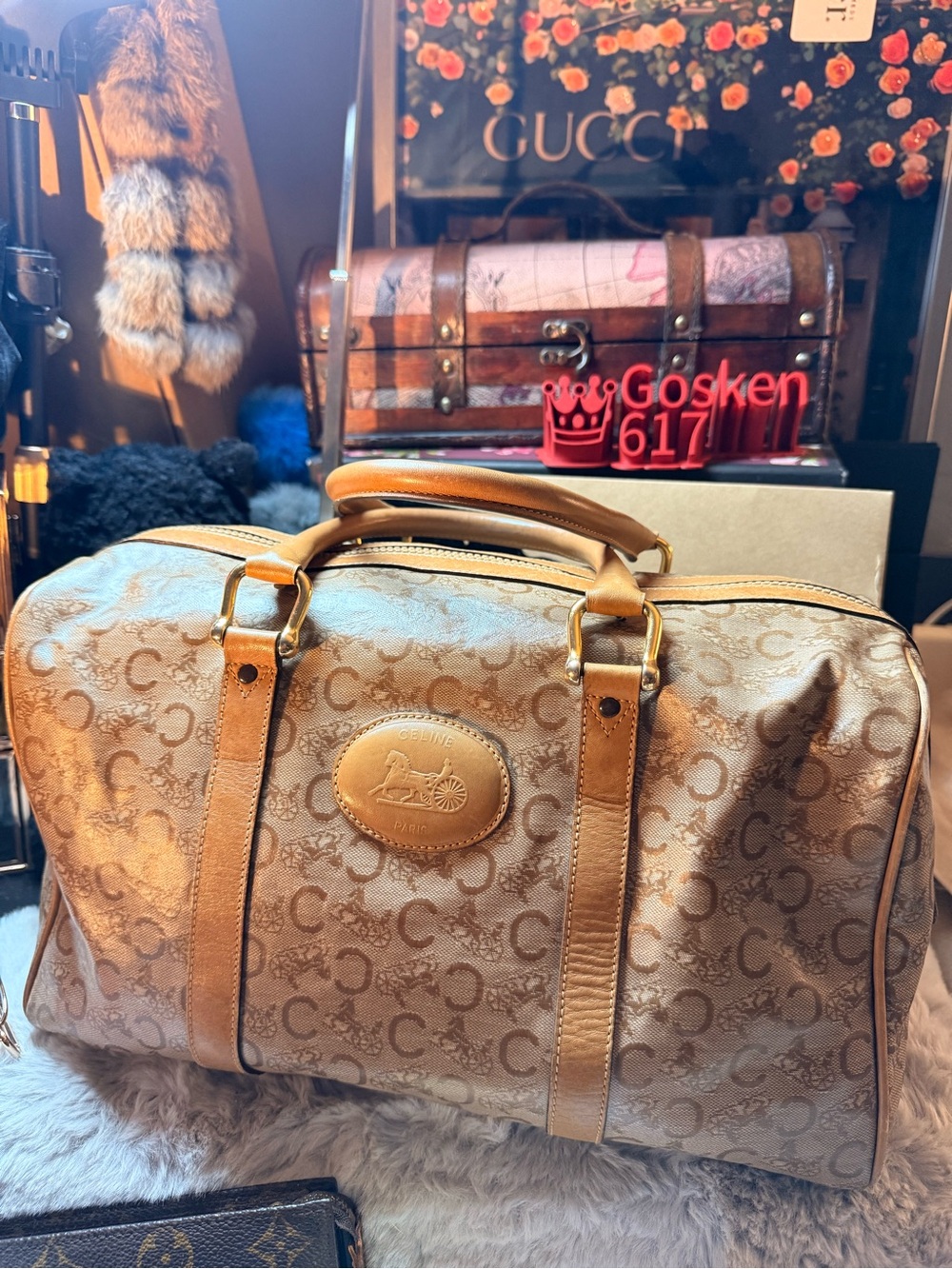 Celine Vintage Tan Monogram Travel Duffel